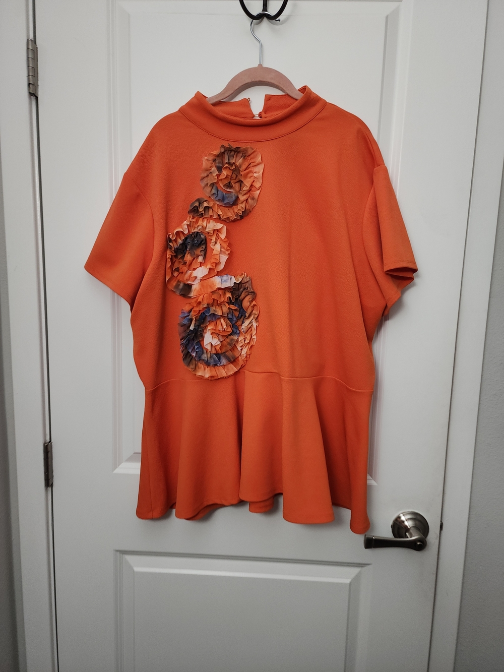 Ashley Stewart Orange Short Sleeve Floral Appliqué Peplum Tunic